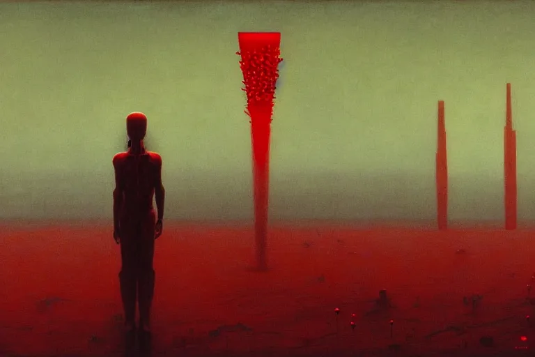 Image similar to only with red, red god of death eat apple, a futuristic city on mars in the background, red worms on the floor, in the style of beksinski, part by hopper, part by rodcenko, part by hofbauer, intricate composition, red by caravaggio, insanely quality, highly detailed, masterpiece, red light, artstation, 8 k