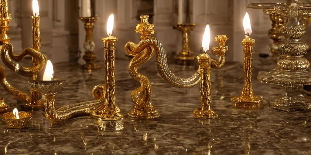 Image similar to snake with gold and silver pattern on a marble floor, candles and intricate candlesticks, by Andres Rios, H 576