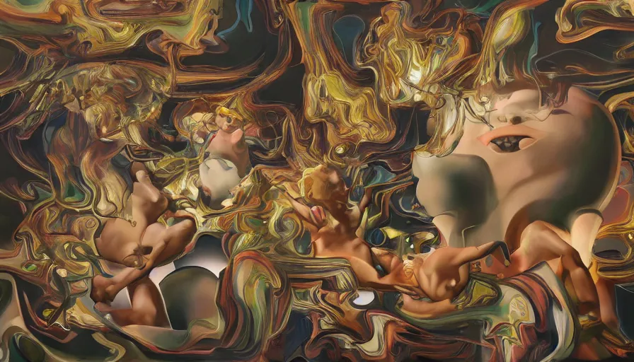 Prompt: chaotic 3 d feminine forms exploding by kaws, james jean and salvador dali and shusei nagaoka, oil on canvas, surrealism, neoclassicism, renaissance, hyper realistic, cell shaded, metallic reflections, physically based rendering, 8 k