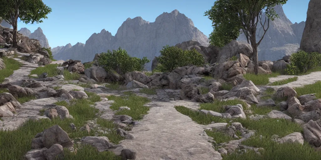 Prompt: pathway on both sides of the mountains, rocks unreal engine render