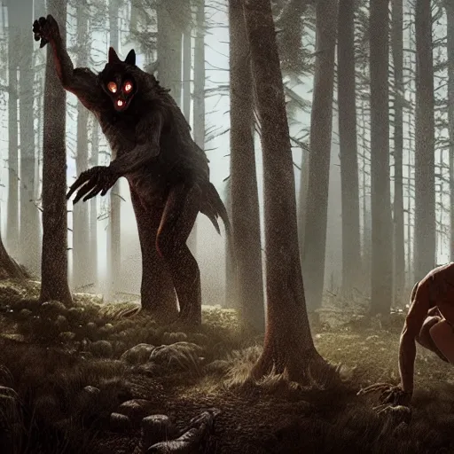 Image similar to man ripping off his skin turning into a werewolf, forest scenery, full moon, illuminated lighting, highly detailed, 4 k