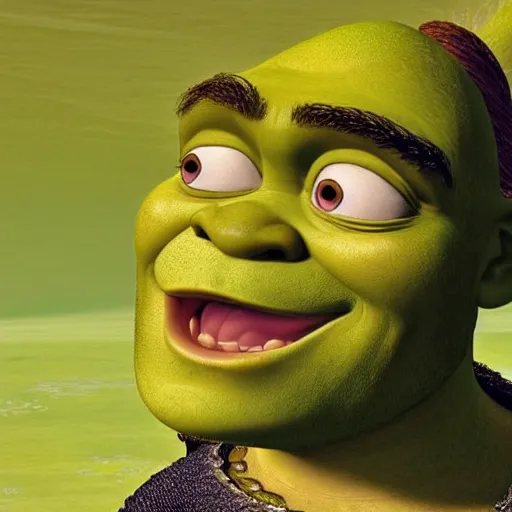 Image similar to shrek from shrek with long lush golden hair attractive muscular stylish knight in shining golden armor with long lush golden hair a strong jaw and attractive green eyes, 8 k resolution, pixar render, similar to the mona lisa, art by leonardo devinci and pixar