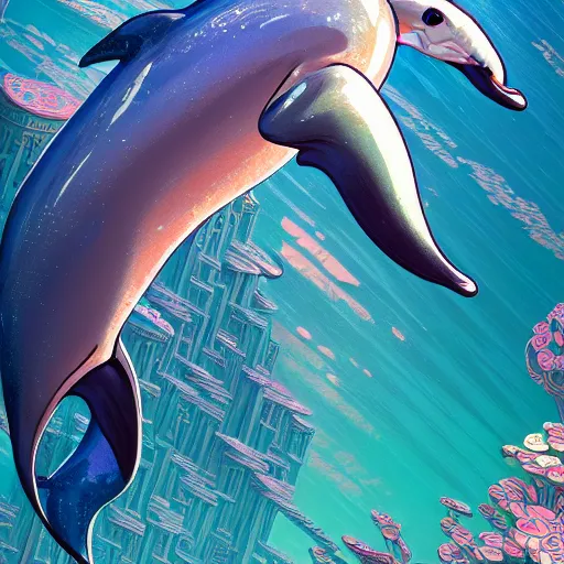 Image similar to a beautiful hyperdetailed character design 4 k wallpaper illustration of a cute dolphin, city by the sea, victo ngai cyberpunk style, from china, style of studio ghibli, makoto shinkai, raphael lacoste, louis comfort tiffany, artgerm, james jean, ross tran, chinese style