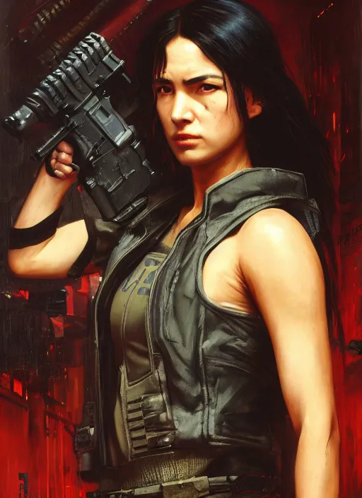 Prompt: laura matsuda. cyberpunk police trooper in a military vest ( blade runner 2 0 4 9, cyberpunk 2 0 7 7 ). orientalist portrait by john william waterhouse and james gurney and theodore ralli and nasreddine dinet, oil on canvas. cinematic, hyper realism, realistic proportions, dramatic lighting, high detail 4 k