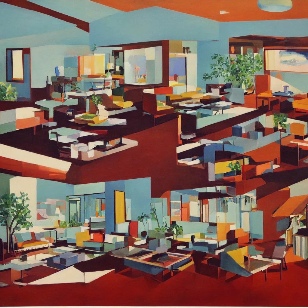 Image similar to an oil painting of the interior of a mid century modern house designed by both frank lloyd right and richard sera in palm springs