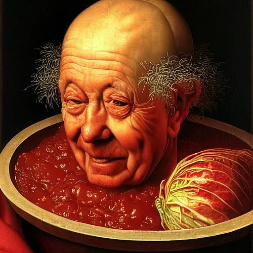 Image similar to a 9 0 year old boy sitting in a tub full of tomato sauce, a lot of cabbage, by giuseppe arcimboldo and ambrosius benson, renaissance, portrait, fruit, intricate and intense oil paint, realistic