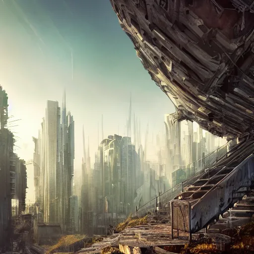 Image similar to beautiful nature reclaiming a dystopian city, cyberpunk, sharp focus, dynamic lights, still, photograph, hyper realistic, masterpiece, octane render, rendered, 3 d, cinematic, cinematic lighting, dramatic lighting, highly detailed, intricate details, texture, cinematic composition, wide shot, by donglu yu and kevin jick and eddie del rio