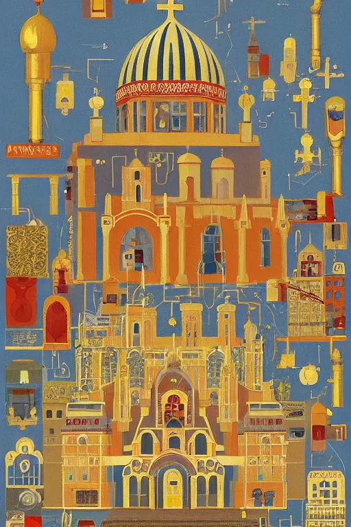 Image similar to scene from wes anderson orthodox cathedral building with mecha robots icons by helen lundeberg