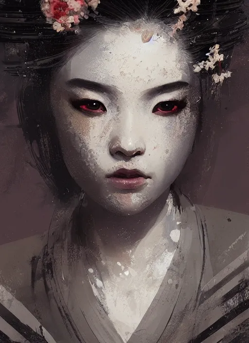 Image similar to female geisha girl, beautiful face, rule of thirds, intricate outfit, spotlight, by greg rutkowski, by jeremy mann, digital painting