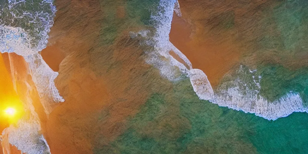 Image similar to a beach between two valley, sun set, digital art, highly detailed, drone wide shot