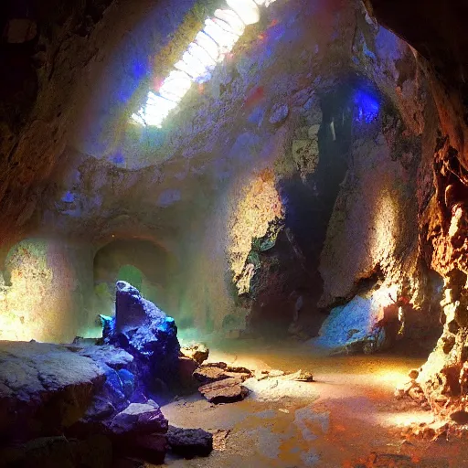 Image similar to a beautiful cave illuminated by shiny crystals of various colours, dark, by craig mullins