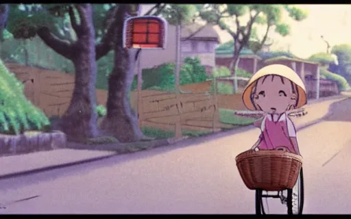 Image similar to a young girl riding a bike with a basket in a small town, 1970s philippines, art by hayao miyazaki, studio ghibli film, hi res, 4k, perfect face