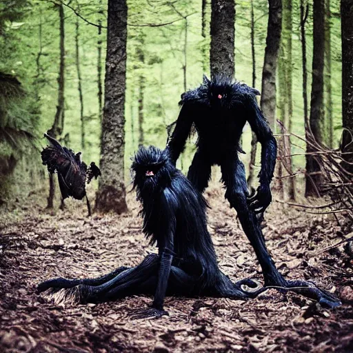 Image similar to werecreature consisting of human and crow, photograph captured in a forest