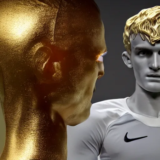 Prompt: a realistic detailed photo of a guy who is an attractive humanoid who is half robot and half humanoid, who is a male android, soccer players martin ødegaard & timo werner, shiny skin, posing like a statue, blank stare, in a living room, on display, showing off his muscles, gold soccer shorts, side view, repairing the other one