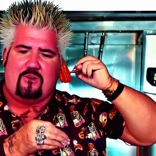 Image similar to Guy Fieri drowning himself in gravy sauce in flavor town, 4k, food, sauce, gravy