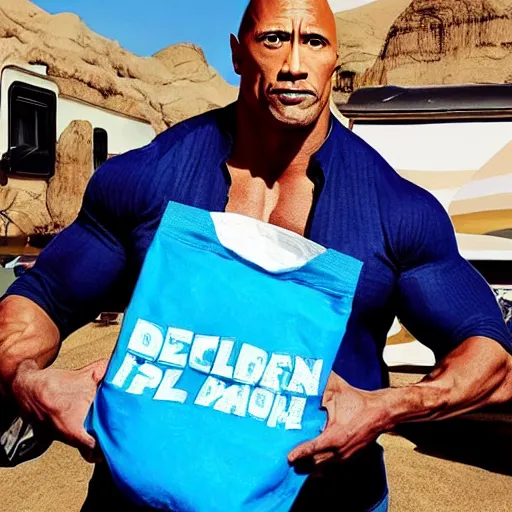 Prompt: dwayne the rock johnson holding a ziplock bag with baby blue meth, desert background, next to an rv, by stephen bliss, gta loading screen