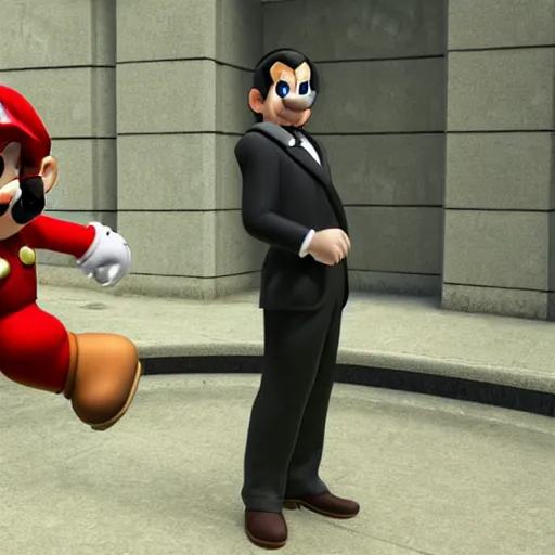 Image similar to Super Mario as the mobster Vitorio Corleone, realistic, 3d rendering, unreal engine, cinematic shot