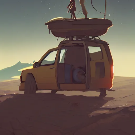 Image similar to ilustration hiker unloading the car before camping, characterized by roman shipunov, etienne hebinger, atey ghailan, cgsociety, cynical realism, fantasy art, 2 d game art