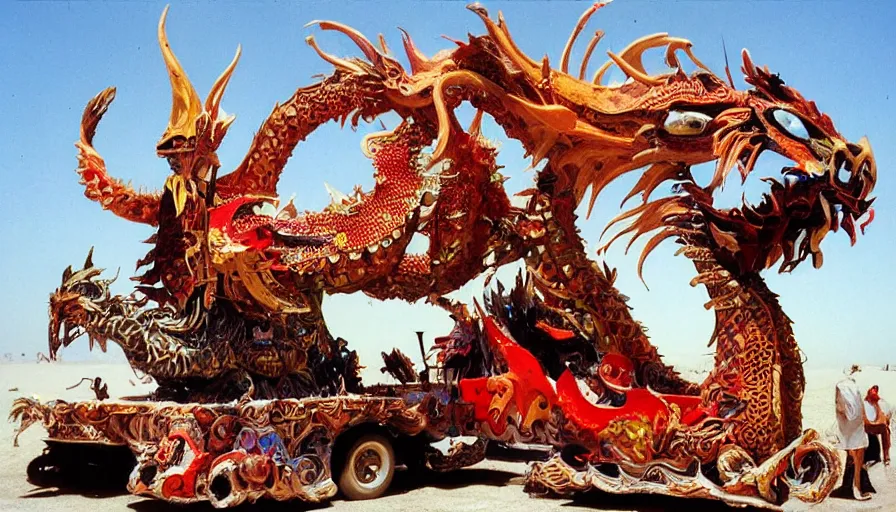 Prompt: papier-mâché art cars of Burning Man looking like dragons and fish, Kodachrome, photorealistic,