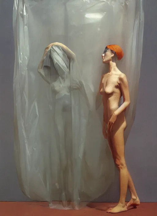 Image similar to woman in a translucent clothing made from plastic bag with paper bags for clothes standing inside paper bags with paper bag over the head at store display Edward Hopper and James Gilleard, Zdzislaw Beksinski, highly detailed