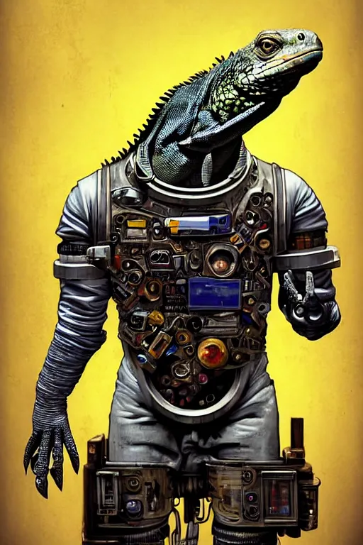 Image similar to a portrait of a muscular anthropomorphic cyberpunk iguana! space mechanic in spacesuit armor with ensignia on chest plate by sandra chevrier, by jon foster, detailed render, pistol in holster, tape deck, epic composition, cybernetics, 4 k realistic, cryengine, realistic shaded lighting, sharp focus, masterpiece, by enki bilal