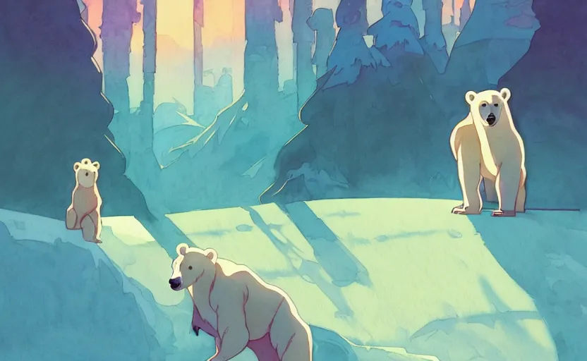 Prompt: wholesome animation key shot, polar bears, studio ghibli, pixar and disney animation, sharp, disney concept art watercolor illustration by mandy jurgens and alphonse mucha and alena aenami, pastel color palette, dramatic lighting