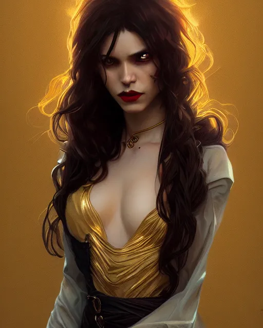 Prompt: female vampire, perfect face, gold shirt, cinematic, stunning, highly detailed, digital painting, artstation, smooth, hard focus, illustration, art by artgerm and greg rutkowski and alphonse mucha