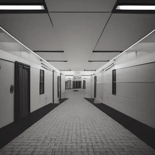 Prompt: noisy photograph of outside tiny homes in liminal underground, office ceiling panels, retrofuturism, brutalism, minimalist, cinematic, soft vintage glow