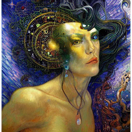 Prompt: Divine Chaos Engine by Karol Bak, Jean Deville, Gustav Klimt, and Vincent Van Gogh, visionary fractal structures