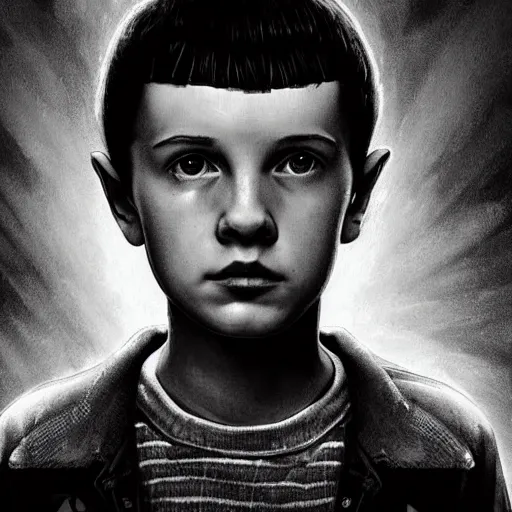 Image similar to portrait of Eleven from the stranger things by Mazzoni Marco,dark ,detailed ,flowers!!! portrait,