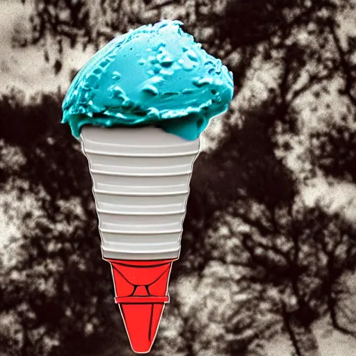 Image similar to a photograph of a grotesque, levitating, alien ice cream cone from beyond