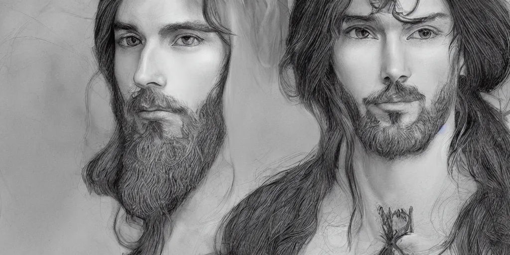 Image similar to an ultra detailed portrait of a handsome wizard with a goatee named james and a beautiful noblewoman with long brown hair named rachel, 8 k, in a postmodern style, artstation, pixiv, by jacque - louis david