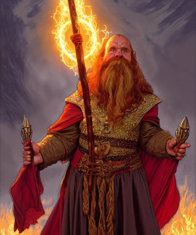 Image similar to gimli as a fantasy dwarf wizard, casting a fireball spell, with a staff and billowing cloak, portrait, fantasy, intricate, elegant, highly detailed, digital painting, artstation, concept art, smooth, sharp focus, illustration, art by larry elmore and greg rutkowski and alphonse mucha