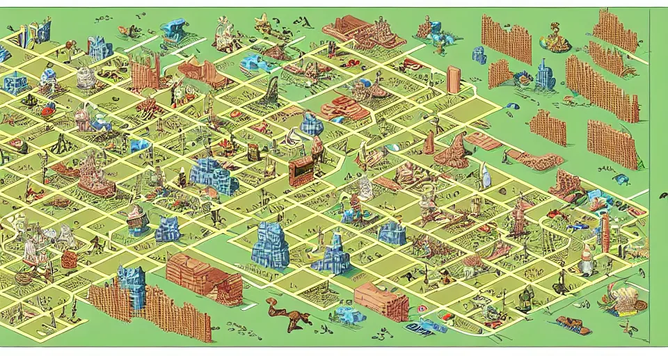 Prompt: isometric miniature map dashboard with time series charts, pie plots and other modern graphics, with small creatures on it. monografia by diego rivera and geof darrow