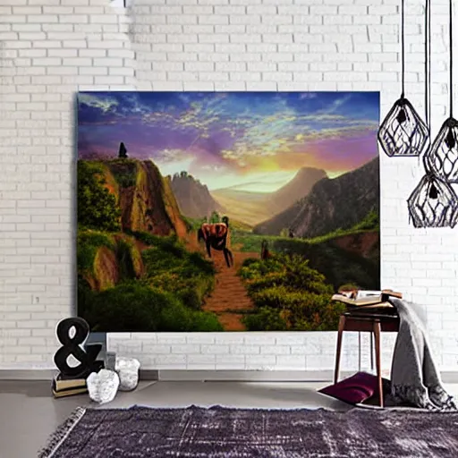 Image similar to a beautiful landscape with a castle, setting sun and a knight on horseback riding towards the viewer via a narrow winding path, epic sky, very realistic and colorful, realism, many details