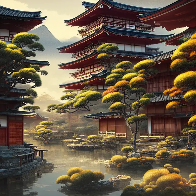 Image similar to old japanese town with garden viewed from harbor, d & d digital painting, ultra realistic, beautiful, volumetric lighting, warm colors advance, cell shading, by james jean, greg rutkowski,