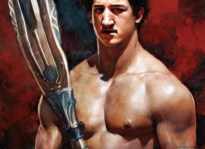 Image similar to a highly detailed beautiful portrait of miles teller as kratos, by gregory manchess, james gurney, james jean