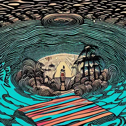 Image similar to colorful digital art, mcbess illustration, a portal to another world, opened in the middle of a swimming pool