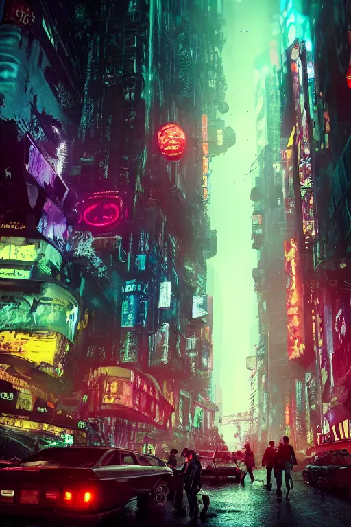 Image similar to cinematic photo of ancient overgrown cyberpunk new york city with cars and people, holograms, night, rain, flowers, beautifully lit, hyperdetailed, unreal engine, photorealistic, denis villeneuve film look, blade runner set