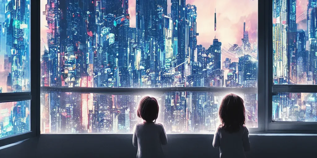 Image similar to overlooking on night city cyberpunk from floor to ceiling window, one little girl, beautiful hair at the back, looking out the window, liminal, cinematic, dreamscape