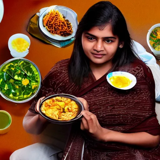 Image similar to A college student is eating chicken biryani in an Andhra mess, highly detailed, 4k, realistic faces, portrait shot, 30mm wide angle