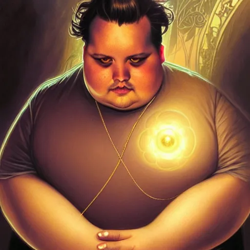 Image similar to fat overweight johnny depp showing his belly, sci fi, glowing eyes, volumetric lights, gold theme, art nouveau botanicals, intricate, highly detailed, digital painting, artstation, concept art, smooth, sharp focus, cinematic, illustration, beautiful face, art by artgerm and greg rutkowski and alphonse mucha