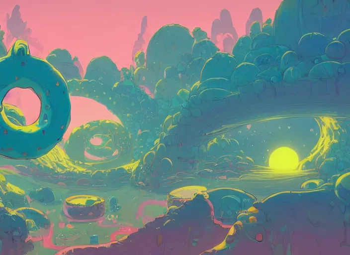 Prompt: concept art of a donut landscape made of bananas, cel shaded, in the style of makoto shinkai and moebius and peter mohrbacher and anton fadeev
