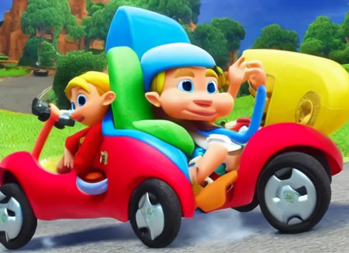 Prompt: steve buscemi driving a little tikes cozy coupe, movie still, from the new zelda game, 8 k, realistic
