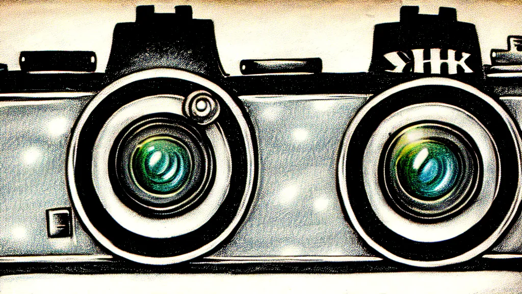 Image similar to a vintage illustration, a dslr camera pointed at the viewer made of shiny chrome