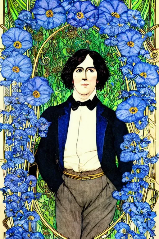 Image similar to realistic portrait of oscar wilde in the center of an ornate floral frame with blue meconopsis, detailed art by kay nielsen and walter crane, illustration style, watercolor