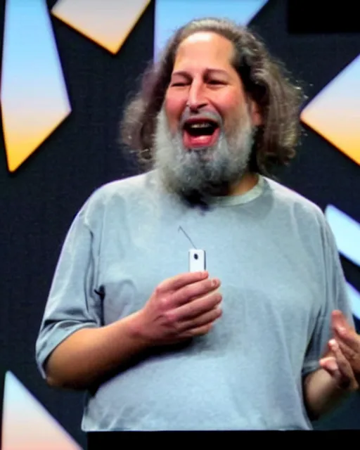 Prompt: Richard Stallman as Steve Jobs demonstrating the new iPhone during Apple keynote presentation