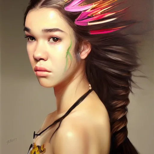 Image similar to realistic Portrait painting of a Hailee Steinfeld as Garo from Japan, made by Gustave Courbet, physical painting, Sharp focus,digital art, bright colors,fine art, trending on Artstation, unreal engine.