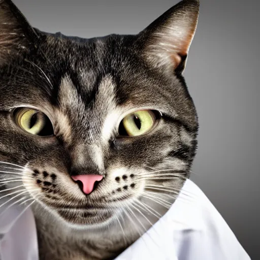 Prompt: anthropomorphic cat inrerventional radiologist, hospital, cinematic, hdr, backlight