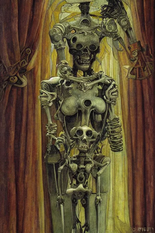 Prompt: the robot queen of bones and her lantern by the window,by Annie Swynnerton and Diego Rivera and Elihu Vedder, symbolist, dramatic lighting, elaborate geometric ornament, Art Brut, soft blues and greens,smooth, sharp focus, extremely detailed, Adolf Wölfli